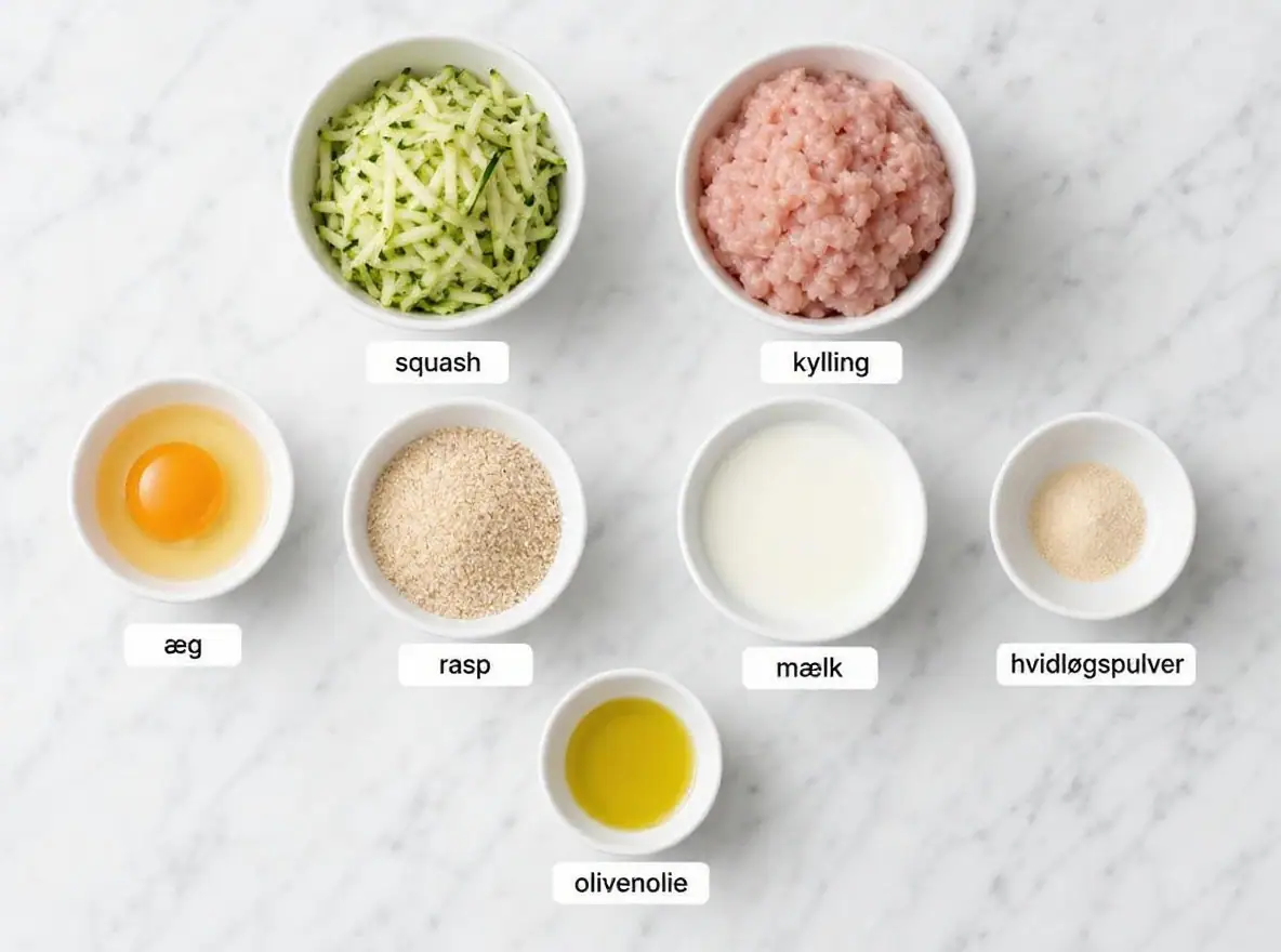 Ingredienser til Kyllingefrikadeller med squash