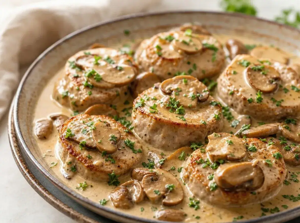 Mørbrad i fad med fløde og champignon