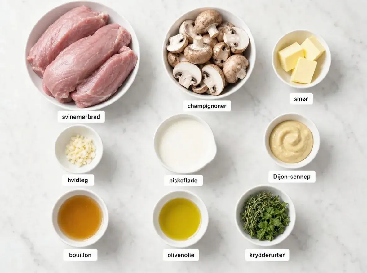 Ingredienser til Mørbrad i fad med fløde og champignon