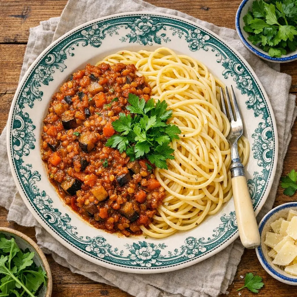Linsebolognese med røde linser og spaghetti